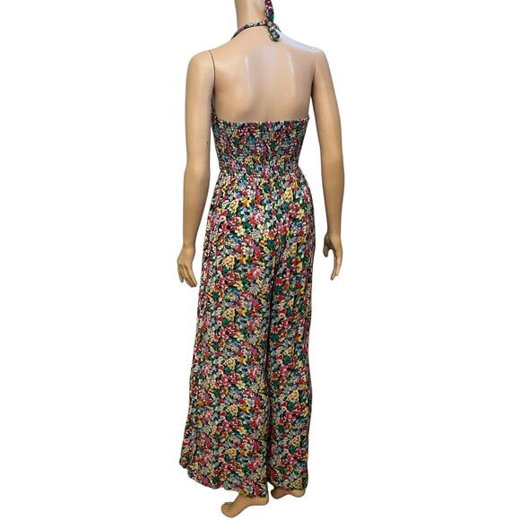 Urban Outfitters Lola Wide Leg Jumpsuit Small Floral Smocked Halter Colorful - Picture 5 of 8